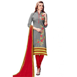 Grey Cotton Embroidered Chudidhar Suit