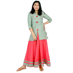 Girls Ethnic Wear Green Chanderi Short Kurta with Long Pink Skirt