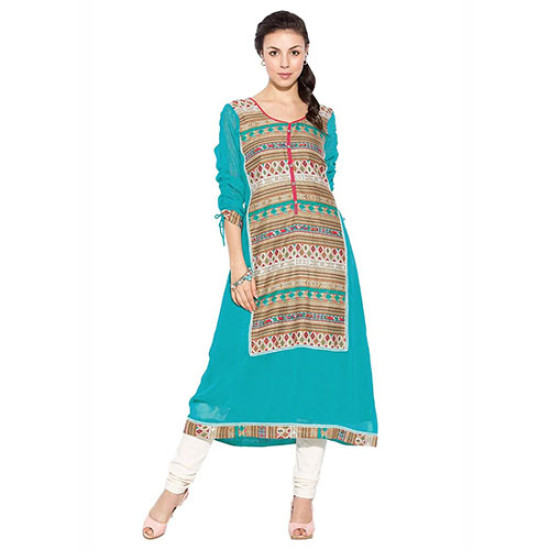 Blue Printed Georgette Kurta Set